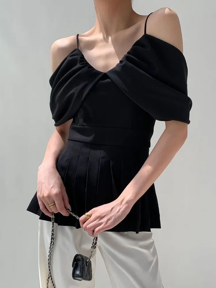Spaghetti Straps Patchwork Folds Slim Blouse