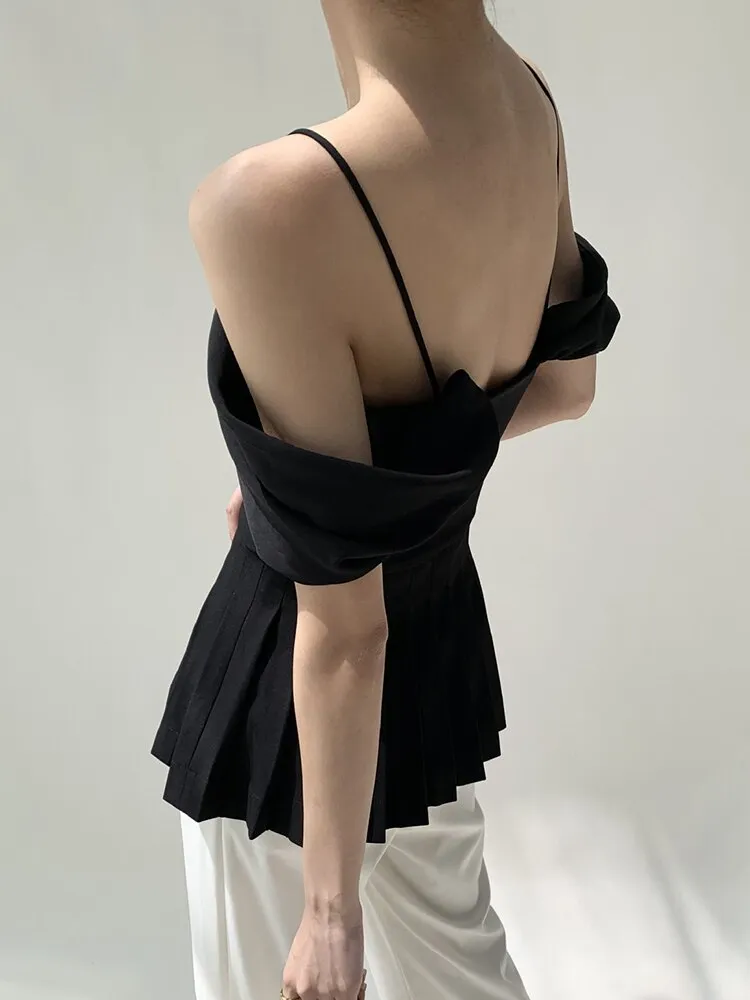 Spaghetti Straps Patchwork Folds Slim Blouse