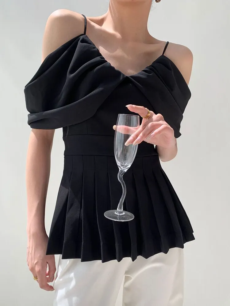 Spaghetti Straps Patchwork Folds Slim Blouse