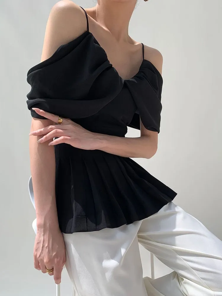 Spaghetti Straps Patchwork Folds Slim Blouse