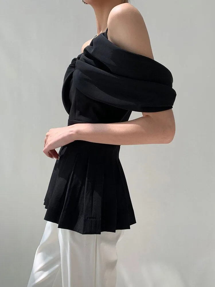 Spaghetti Straps Patchwork Folds Slim Blouse