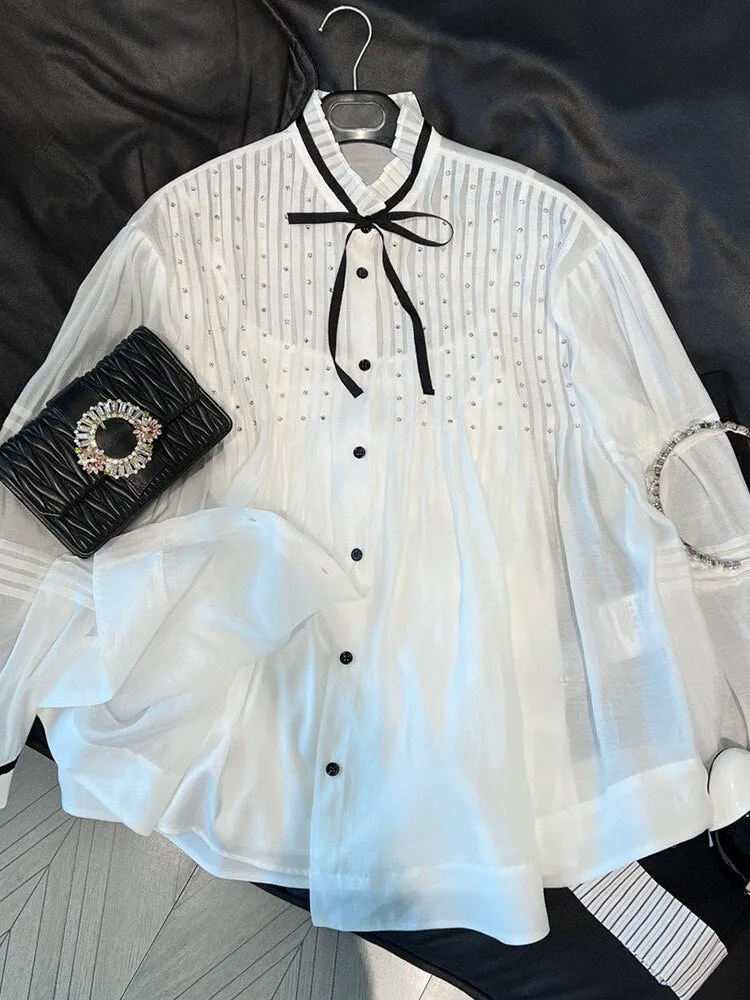 Stand Collar Puff Sleeve Loose Fit Blouse