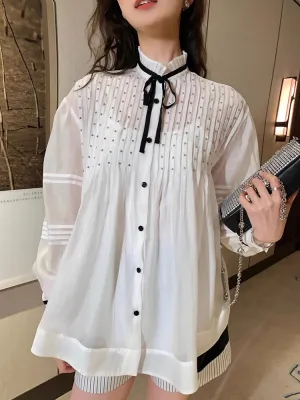 Stand Collar Puff Sleeve Loose Fit Blouse