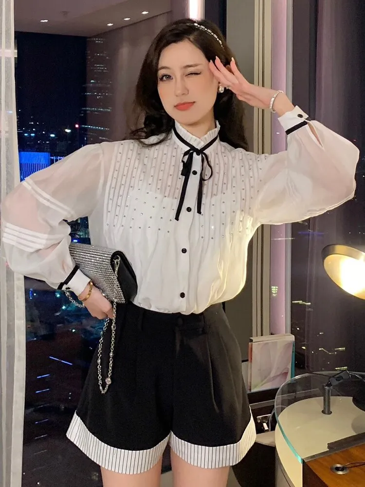 Stand Collar Puff Sleeve Loose Fit Blouse