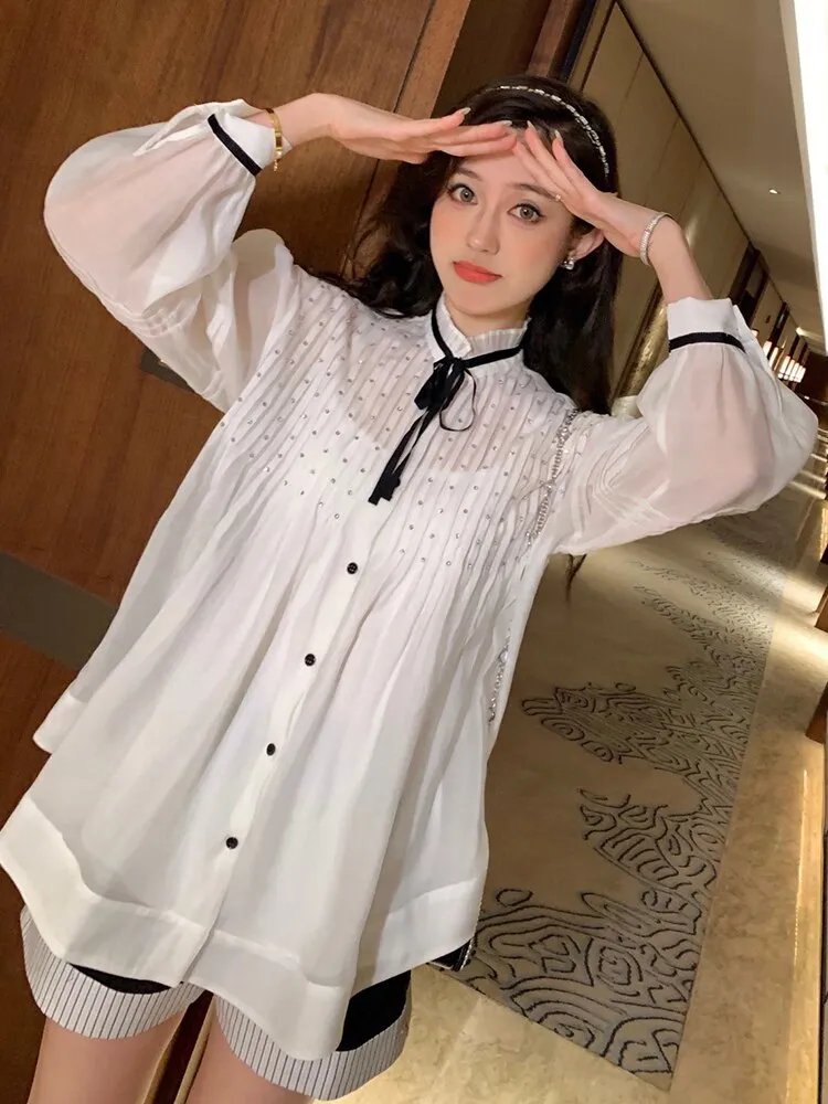 Stand Collar Puff Sleeve Loose Fit Blouse