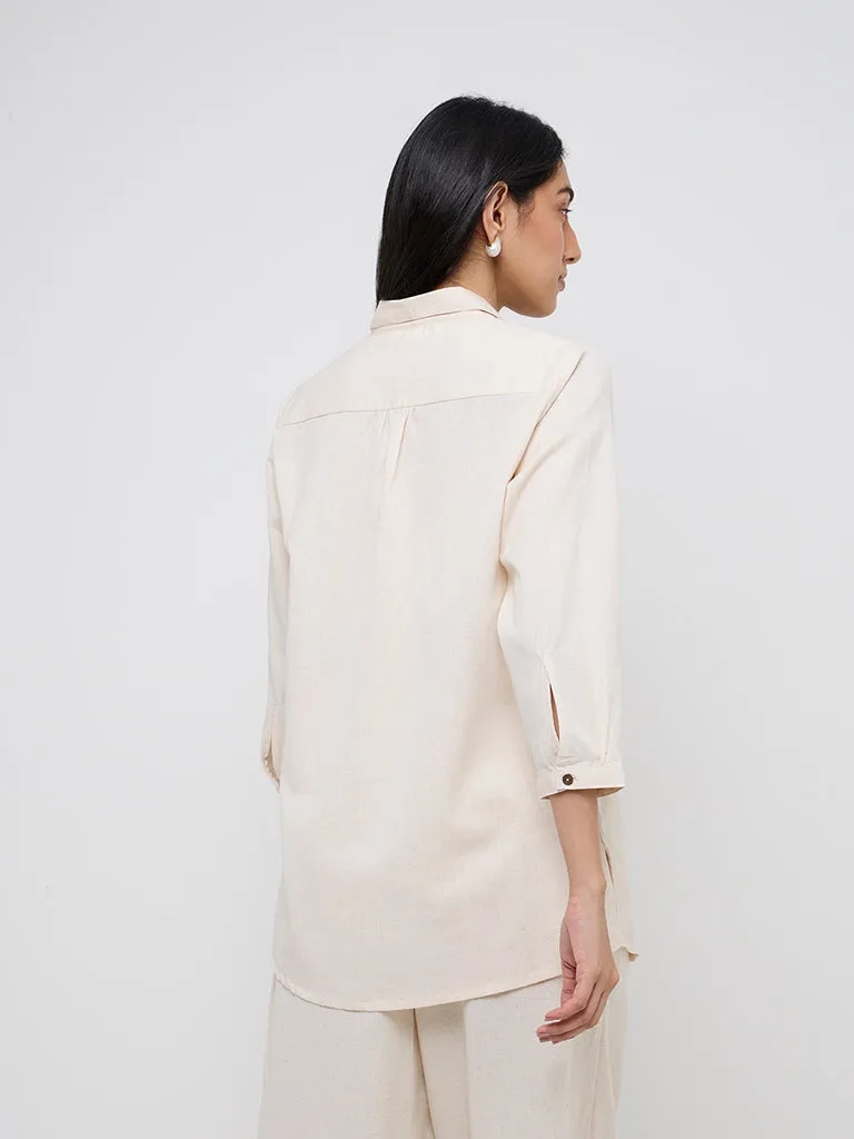 Utsa Off-White Embroidered A-Line Cotton-Blend Tunic