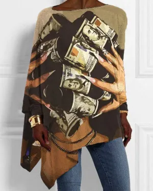 Vintage Black Dollar Hair-print Irregular Top