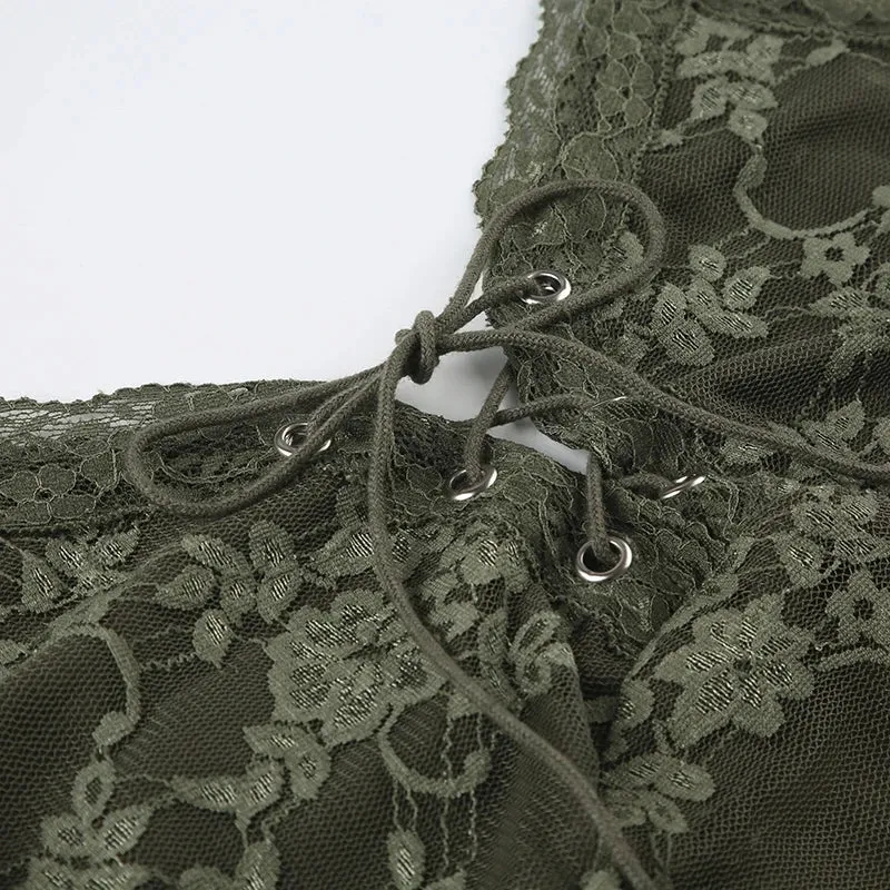 Vintage Green Lace Tie-Up Strap Top