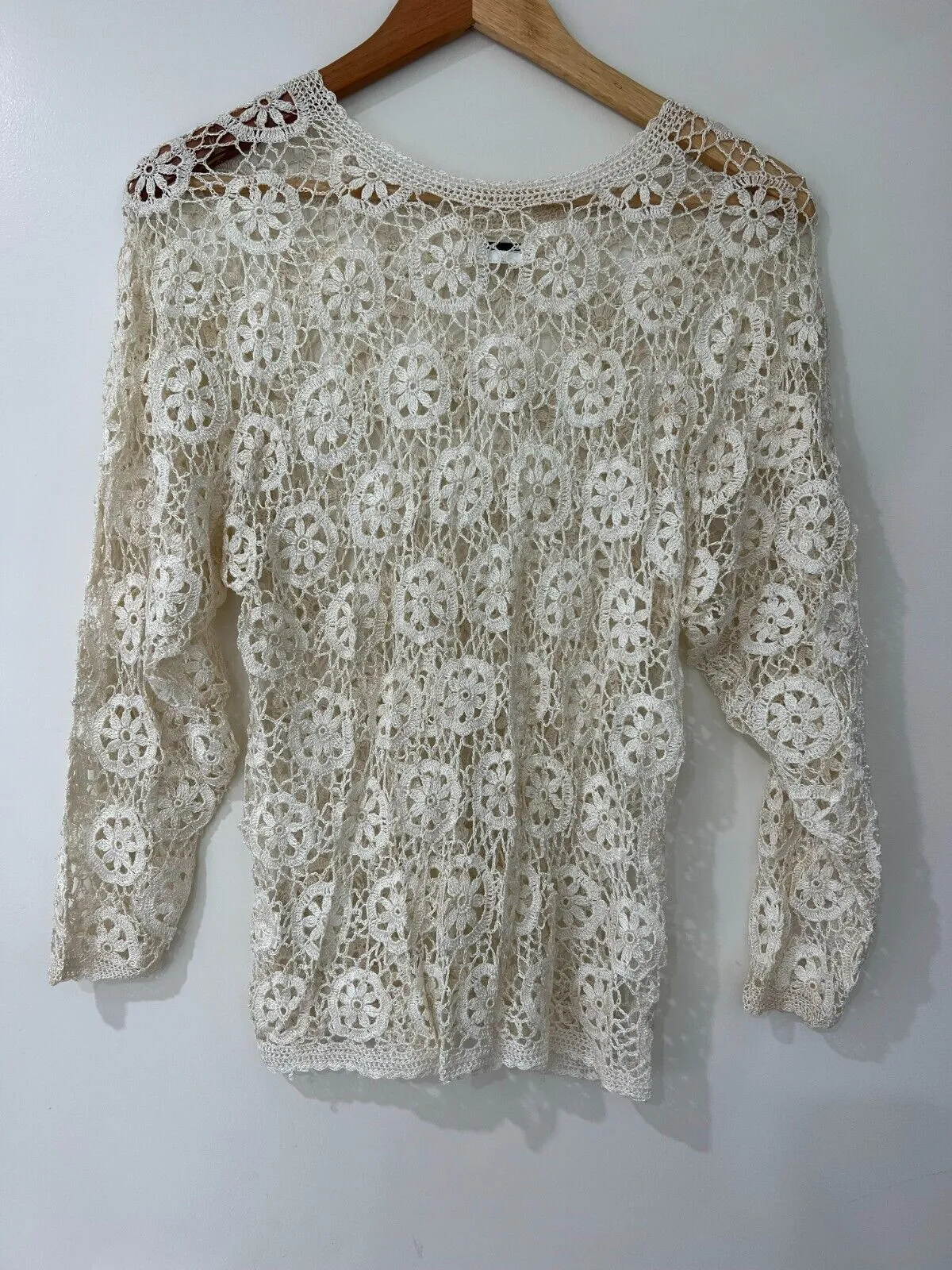 Vintage Long Sleeve Crochet Embroidered Sheer Top Cream Size S M