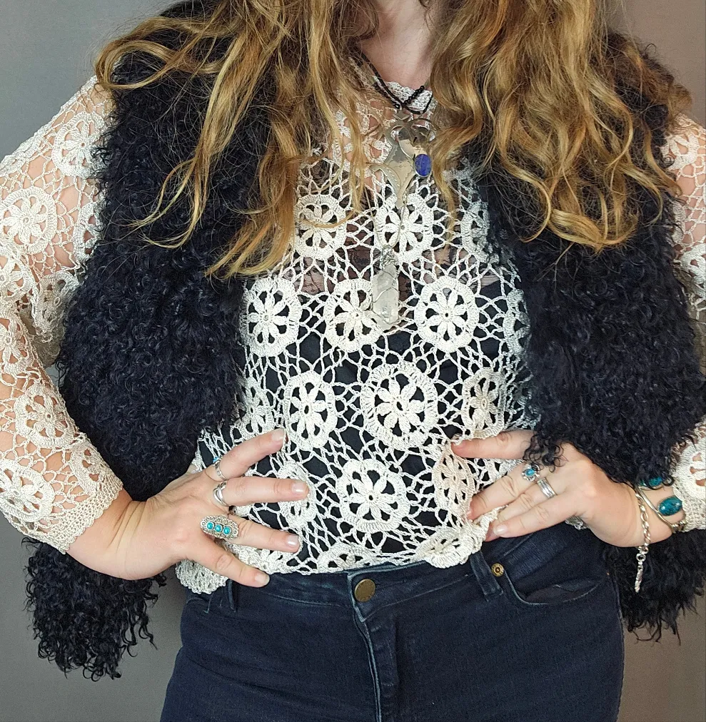 Vintage Long Sleeve Crochet Embroidered Sheer Top Cream Size S M