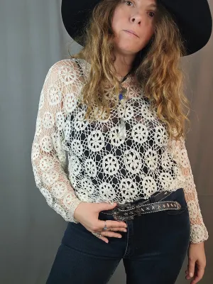 Vintage Long Sleeve Crochet Embroidered Sheer Top Cream Size S M