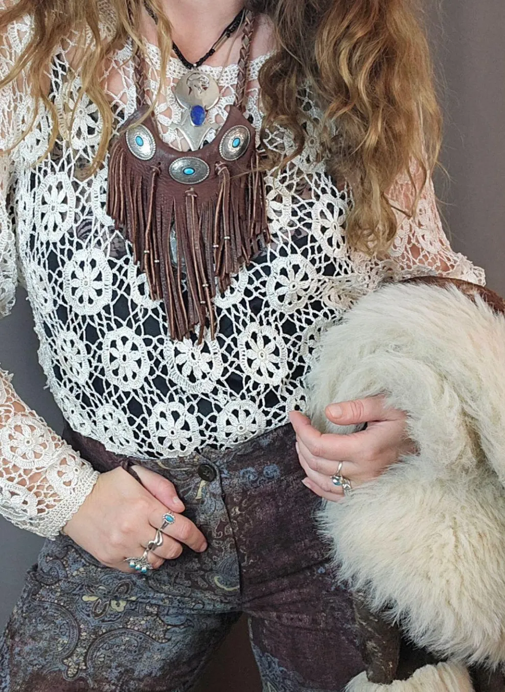 Vintage Long Sleeve Crochet Embroidered Sheer Top Cream Size S M