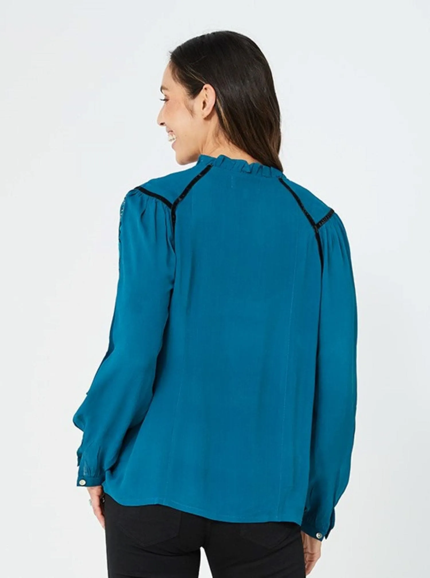 Woman Fashion Casual Embroidery Winter Top Katya Top | Teal/Viscose