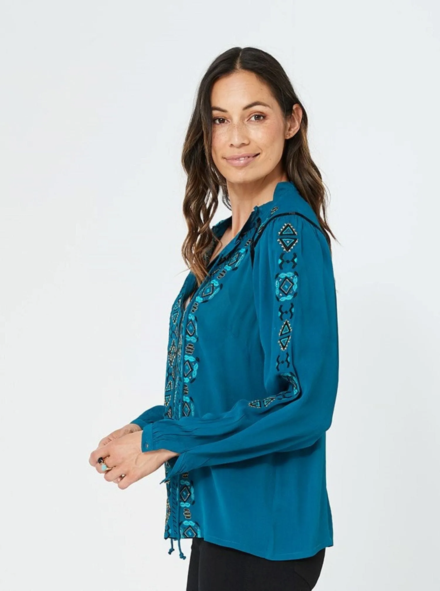 Woman Fashion Casual Embroidery Winter Top Katya Top | Teal/Viscose