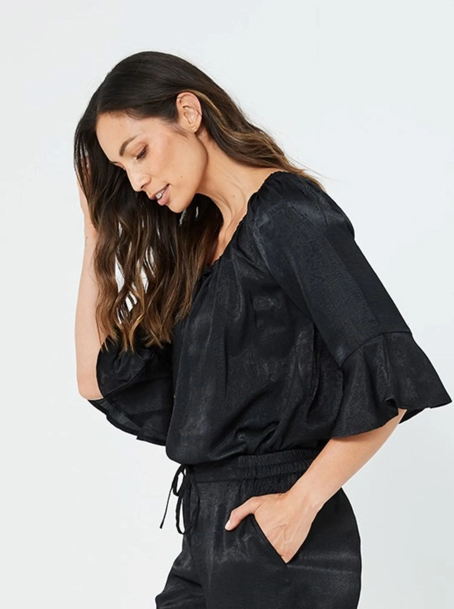 Women 3/4 Sleeves Winter Fashion Casual Black Top | Black/Viscose Satin Kaja