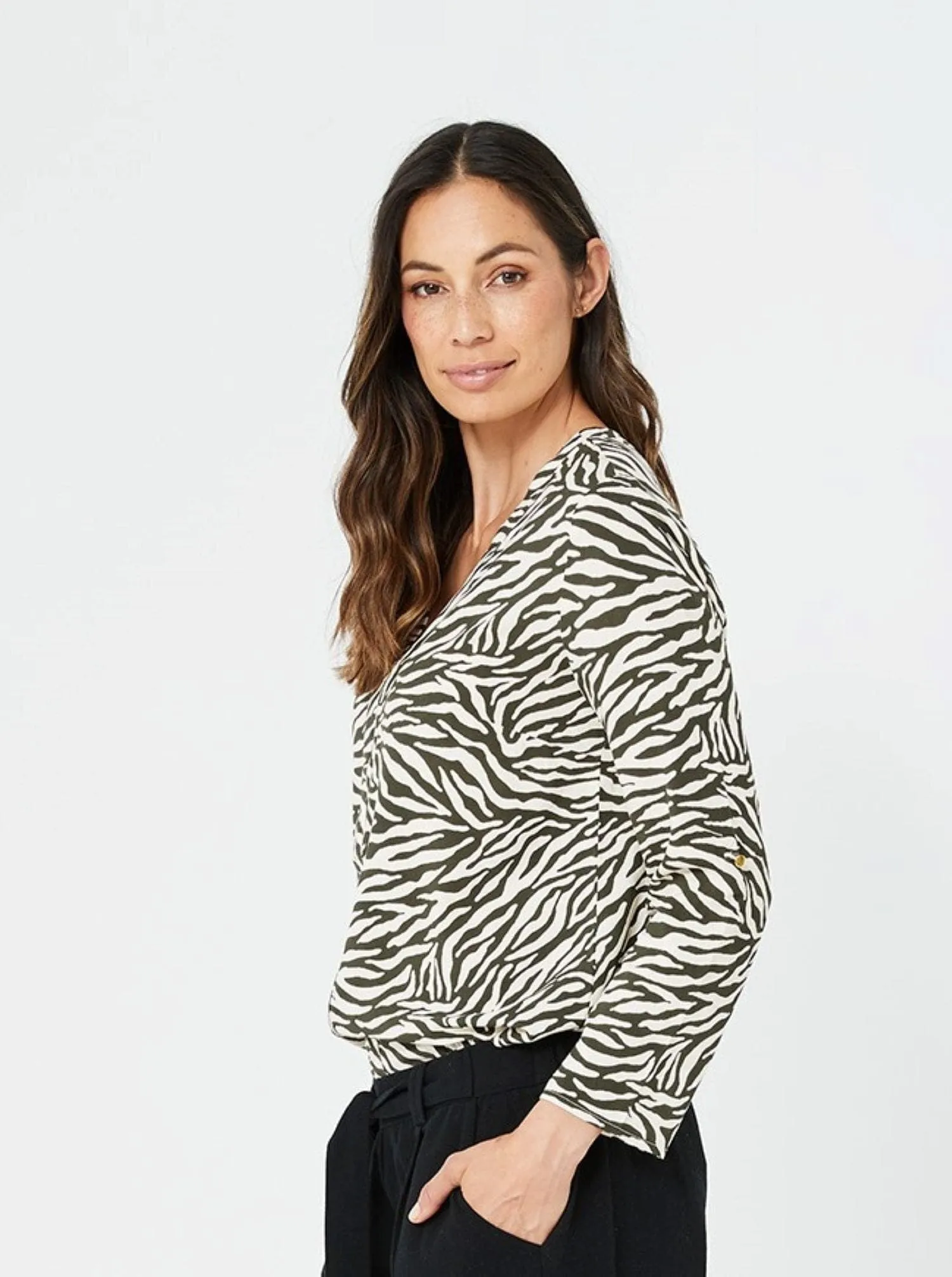 Women Long Sleeves Casual Fashion Top Winter Top Stripes Top | Dark Green print Cecilia kaja