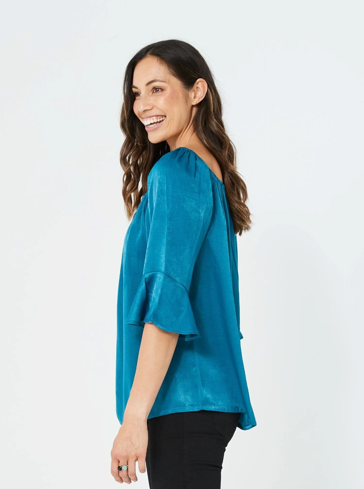 Women Long Sleeves Fashion Casual Top Winter Top | Teal/Viscose Satin Bronte Kaja