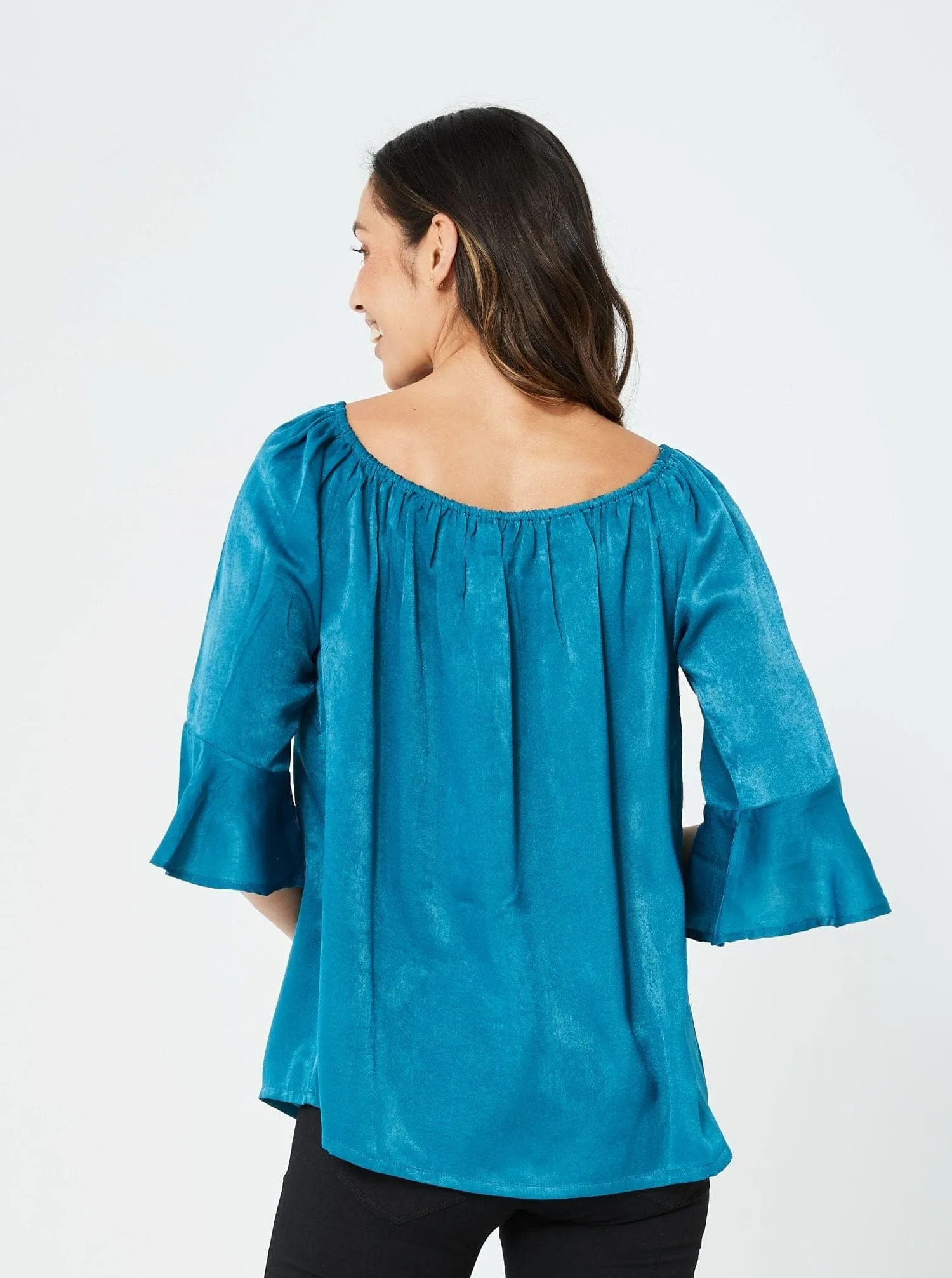 Women Long Sleeves Fashion Casual Top Winter Top | Teal/Viscose Satin Bronte Kaja