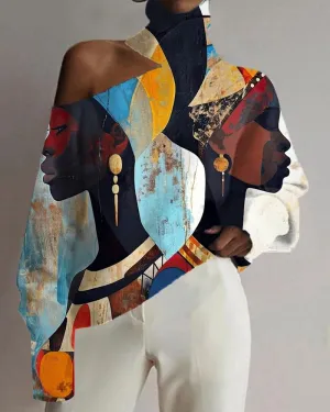 Women's Black Vintage Oil Painting Color Matching Print Off-shoulder Top