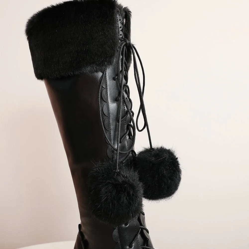 Womens Kawaii Knee High Lace Up Pink Lolita Boots