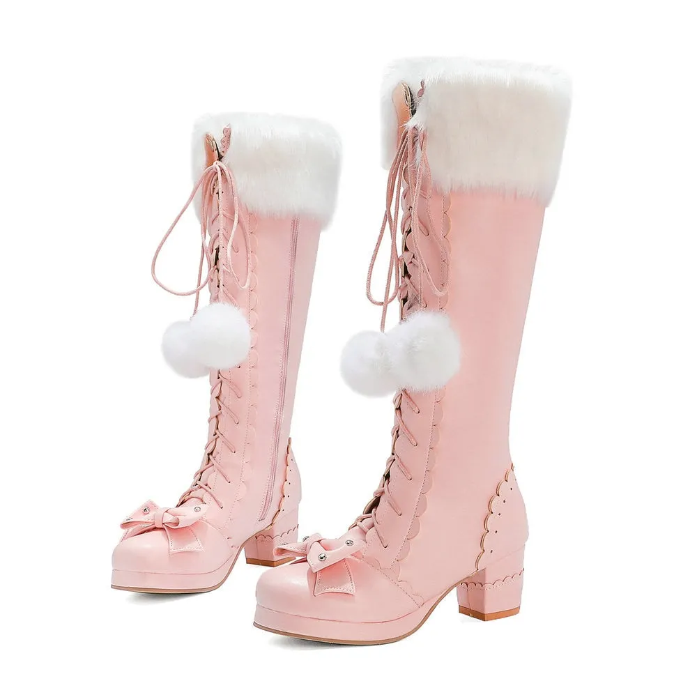 Womens Kawaii Knee High Lace Up Pink Lolita Boots