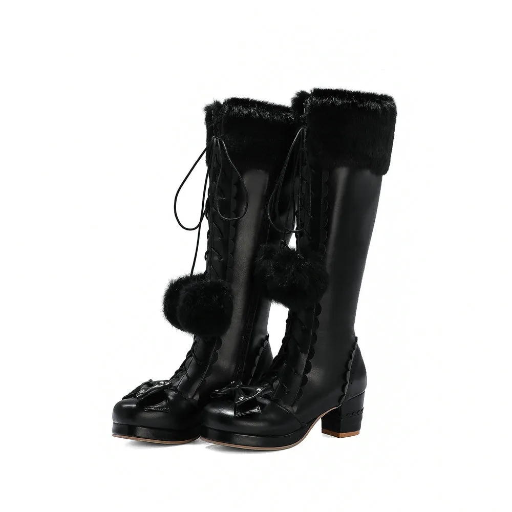 Womens Kawaii Knee High Lace Up Pink Lolita Boots