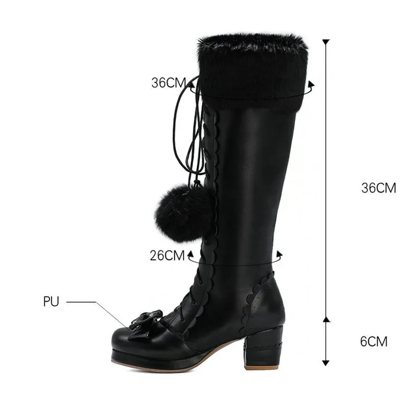 Womens Kawaii Knee High Lace Up Pink Lolita Boots