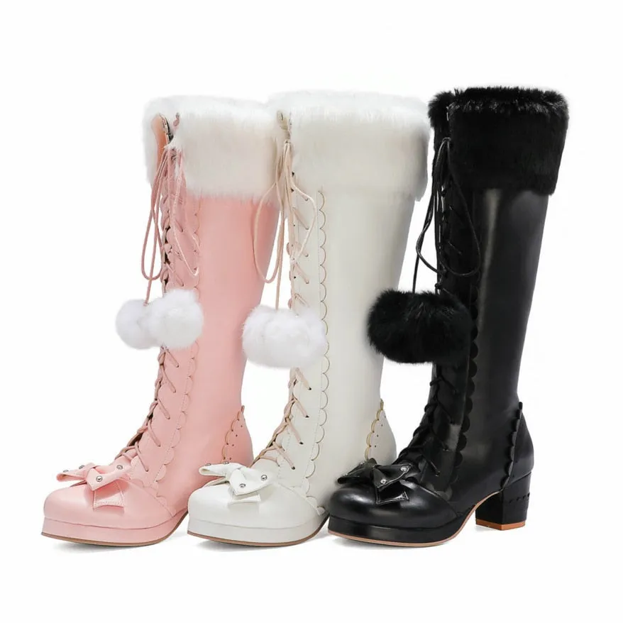 Womens Kawaii Knee High Lace Up Pink Lolita Boots