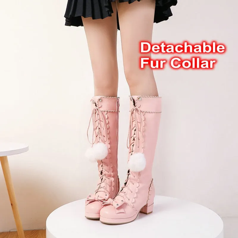 Womens Kawaii Knee High Lace Up Pink Lolita Boots