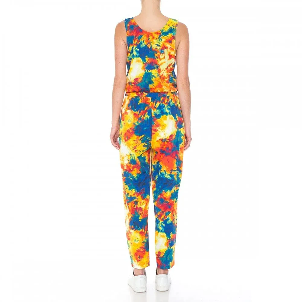Womens-Monotone Tie Dye Print French Terry Knit Scoop Neck Sleeveless Jumpsuit