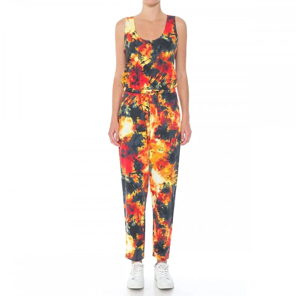 Womens-Monotone Tie Dye Print French Terry Knit Scoop Neck Sleeveless Jumpsuit