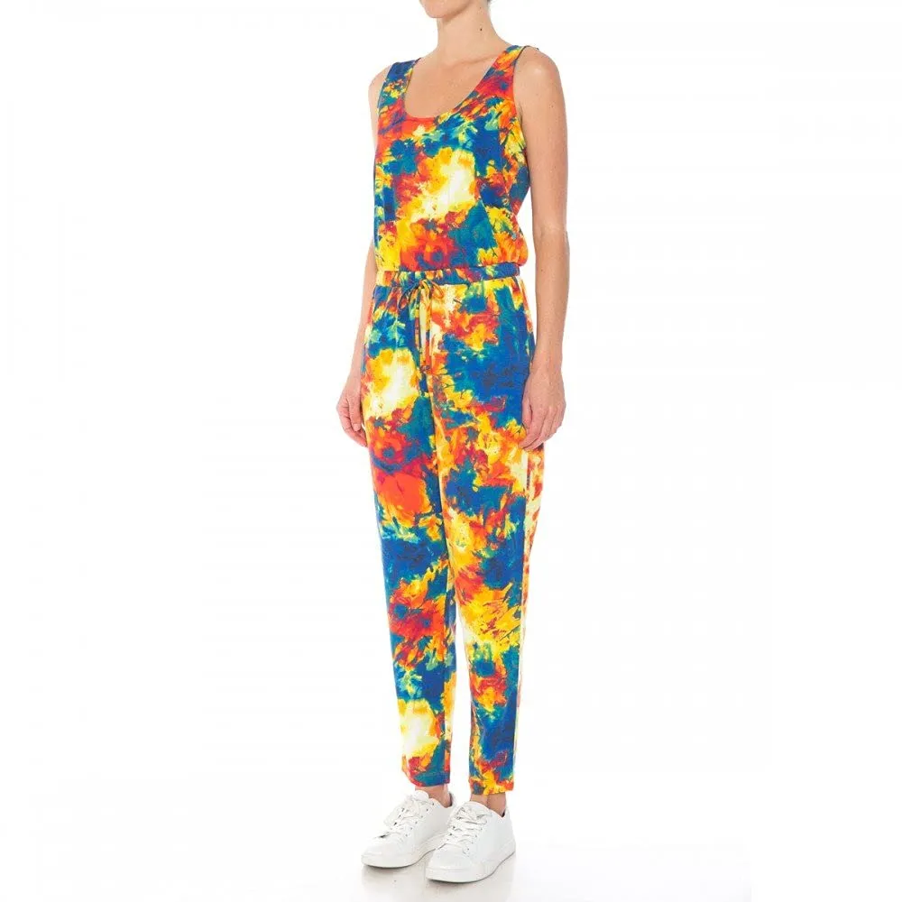 Womens-Monotone Tie Dye Print French Terry Knit Scoop Neck Sleeveless Jumpsuit
