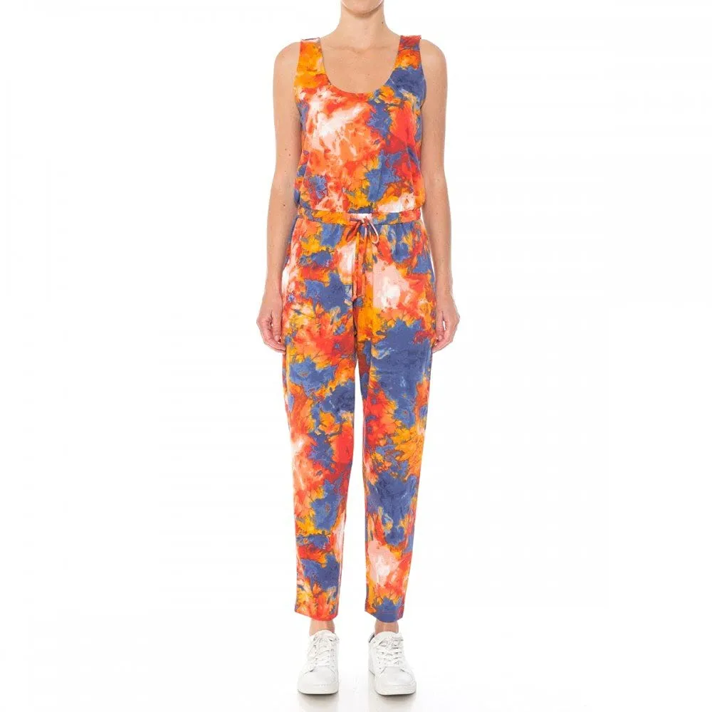 Womens-Monotone Tie Dye Print French Terry Knit Scoop Neck Sleeveless Jumpsuit