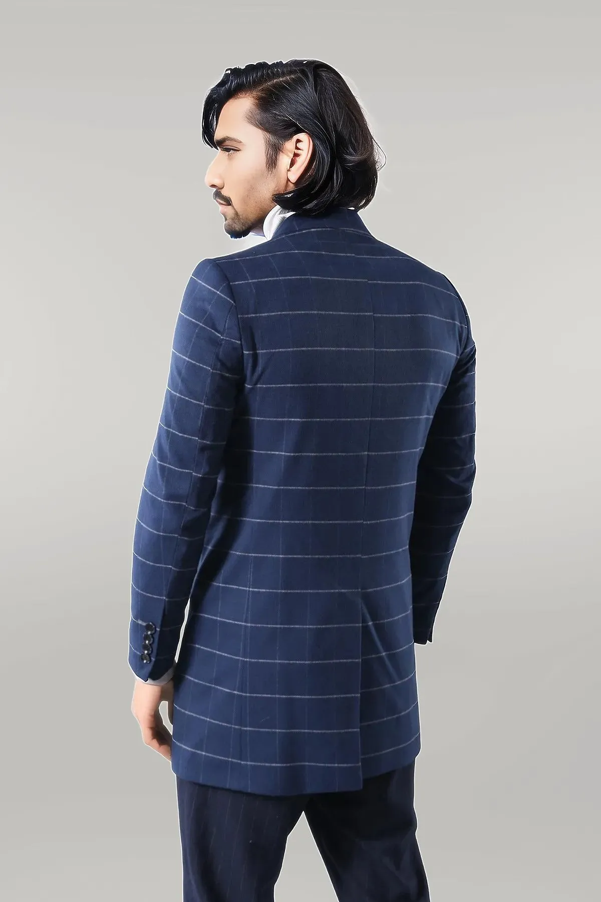 WSS Wide Pointed Collar Indigo Men Coat  - Singen