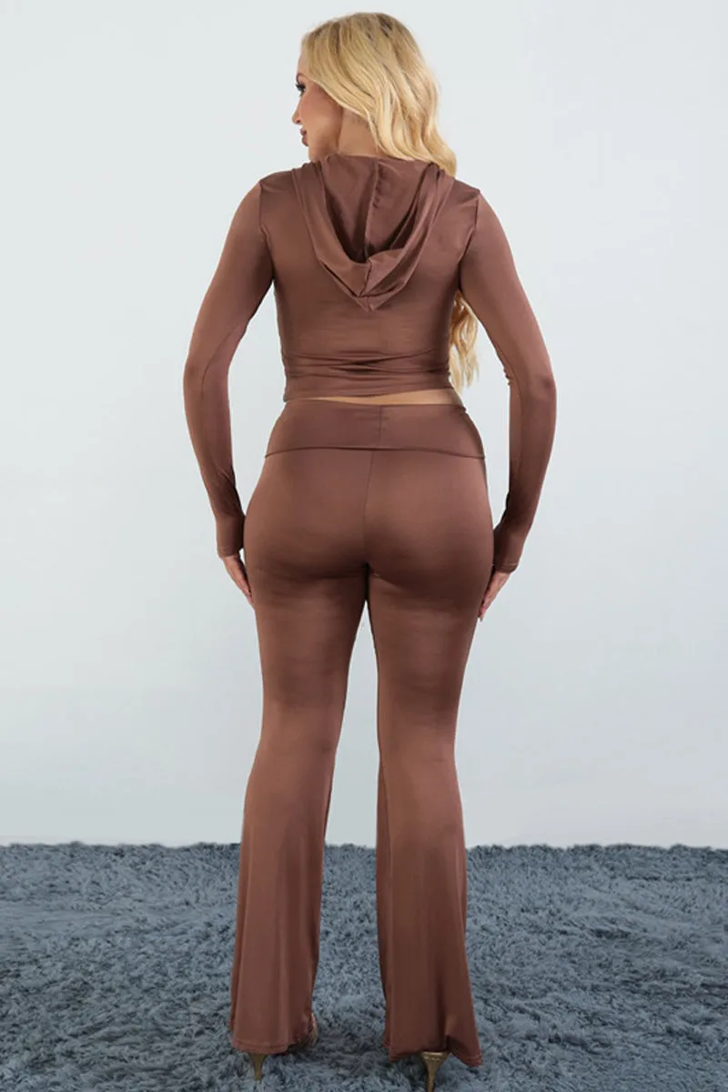 Zipper Solid Long Sleeve Hooded Flare Pants Set