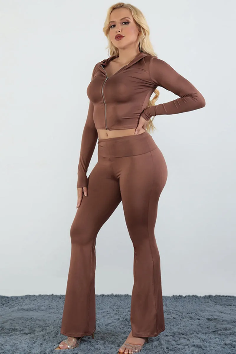 Zipper Solid Long Sleeve Hooded Flare Pants Set