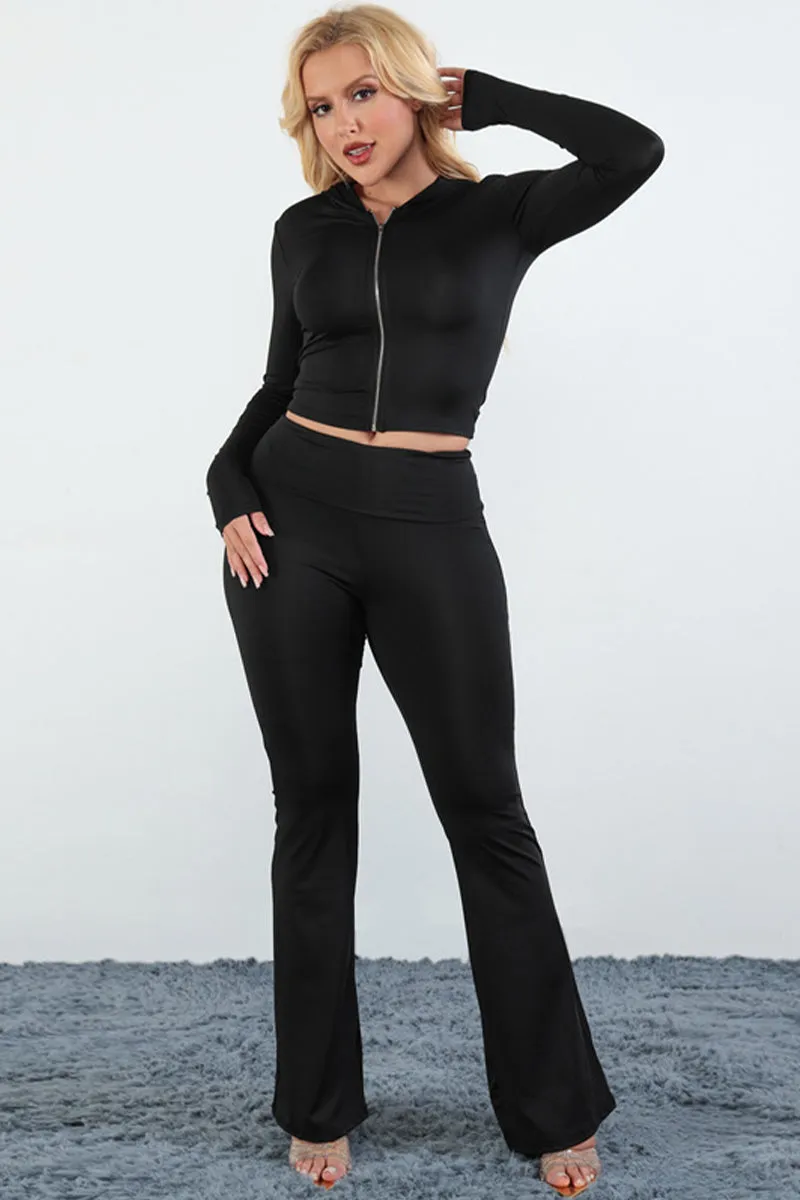 Zipper Solid Long Sleeve Hooded Flare Pants Set