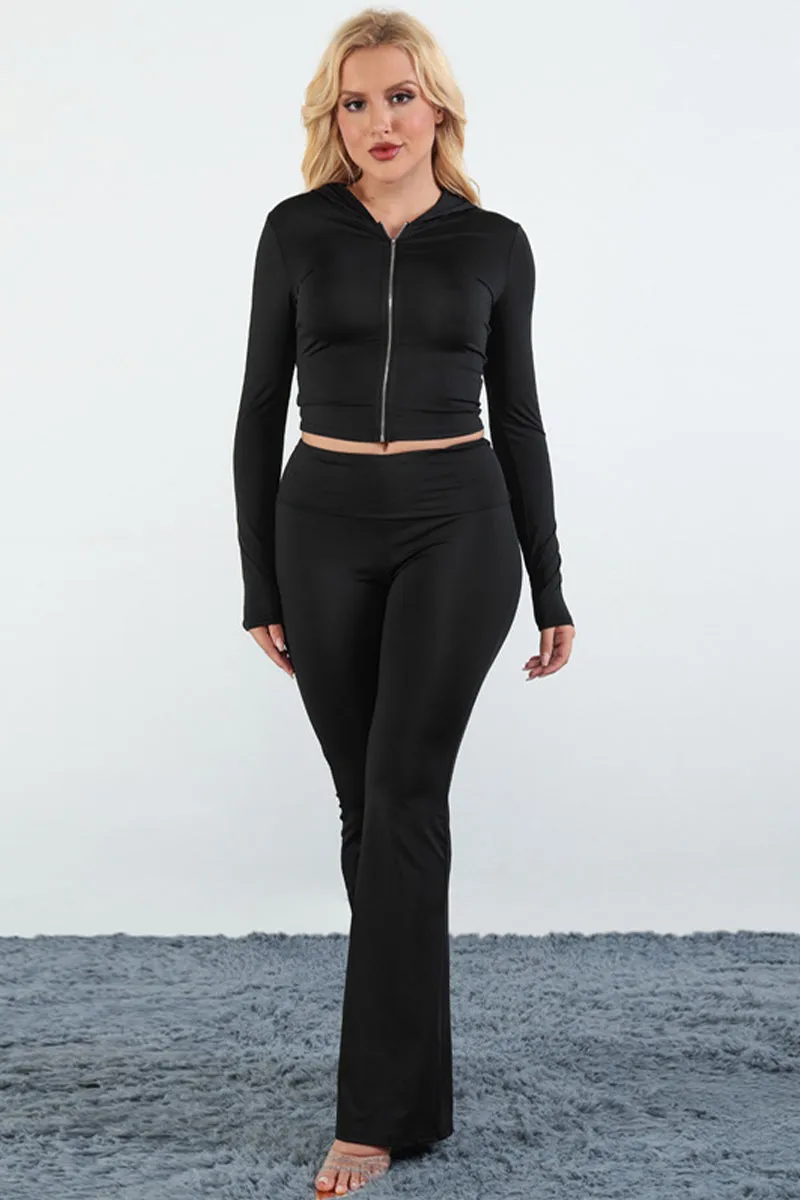 Zipper Solid Long Sleeve Hooded Flare Pants Set
