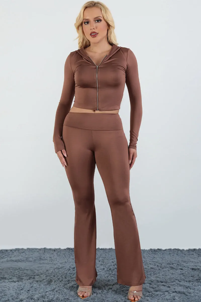 Zipper Solid Long Sleeve Hooded Flare Pants Set